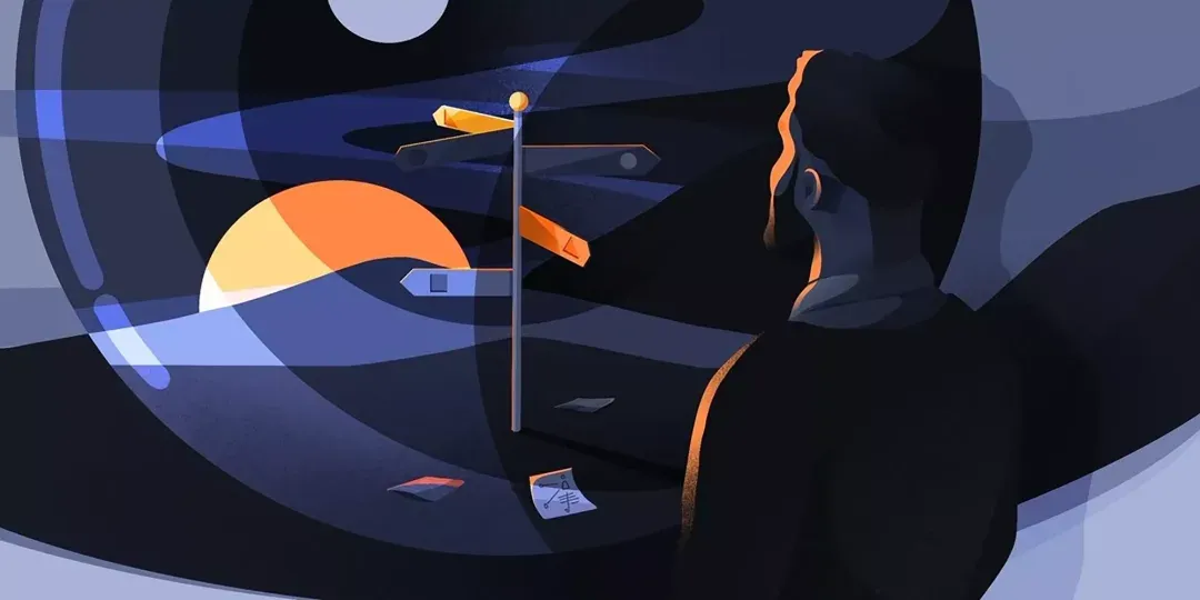 Illustration of a person looking at a signpost under a setting sun by Ollie Hirst