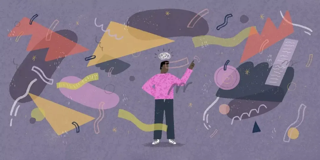 Illustration of a person surrounded by floating abstract shapes by Connie Noble