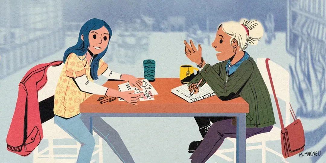 Illustration of two colleagues talking across a table with notes and coffee by Molly Magnell