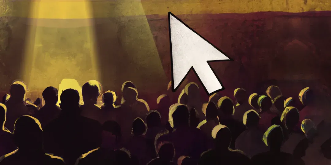 Illustration of an audience in silhouette facing a large mouse cursor under a spotlight