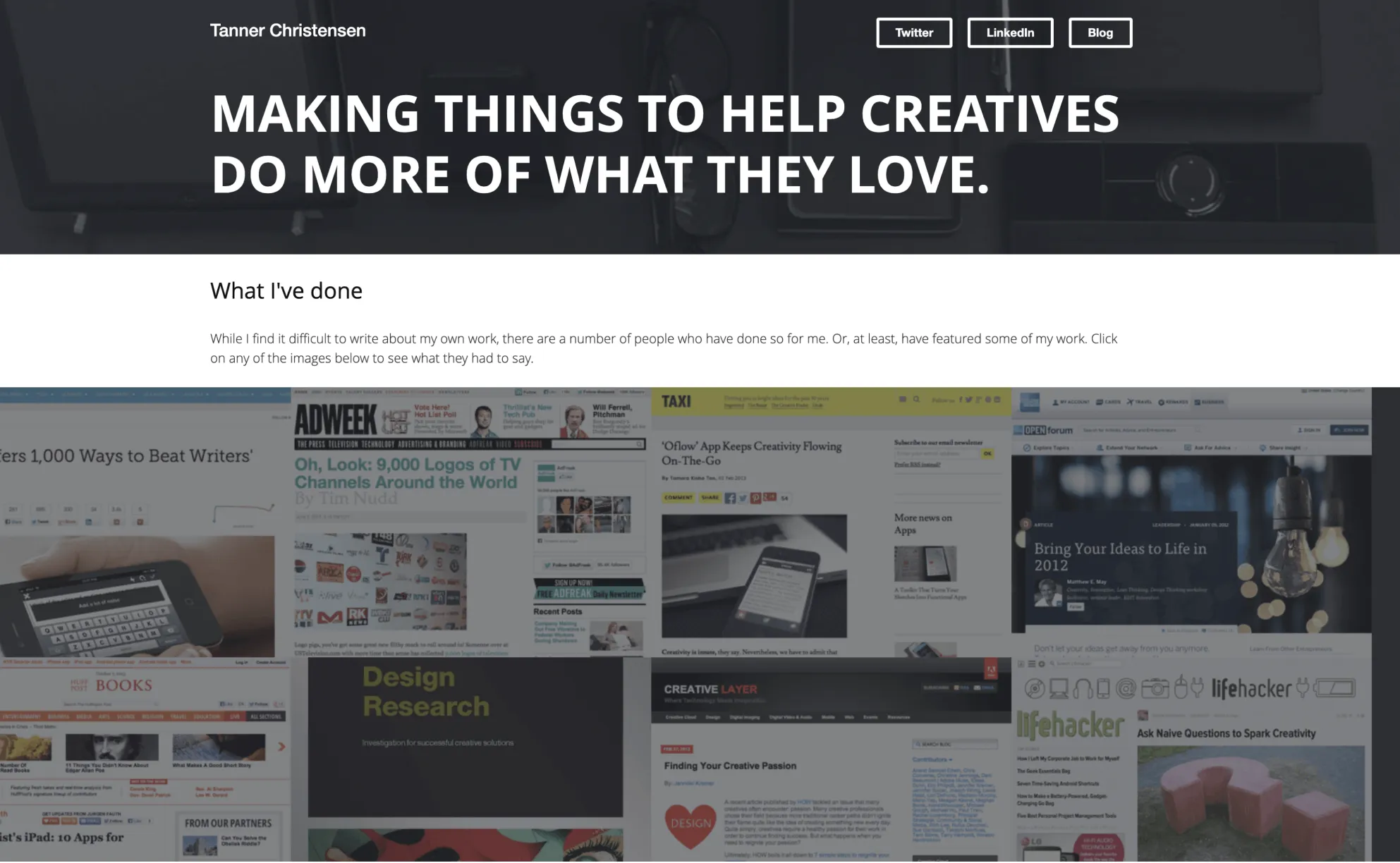 My portfolio in 2012 with a full-image press articles grid