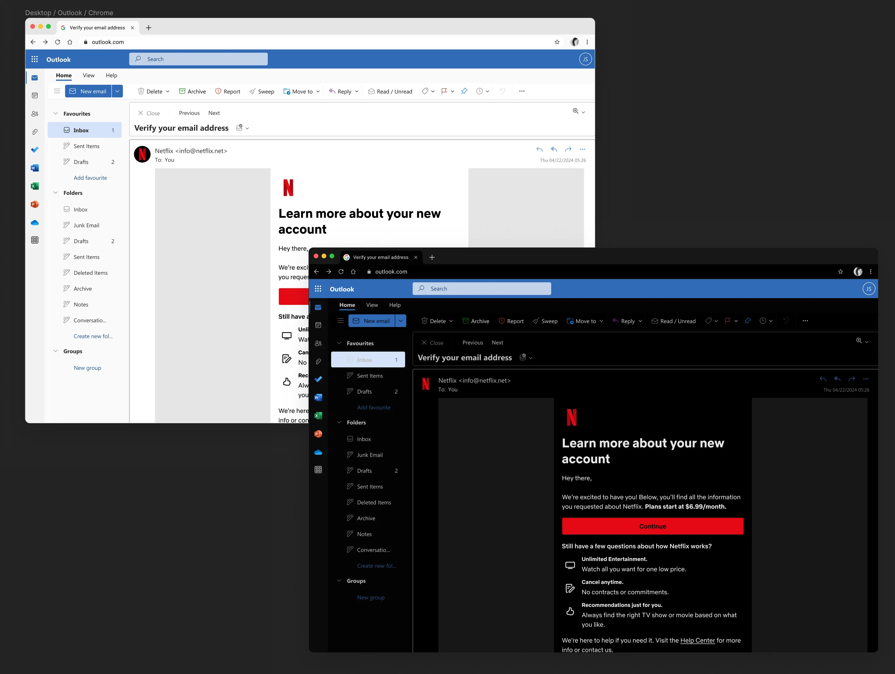 An account email shown in light and dark Outlook interfaces in Chrome.