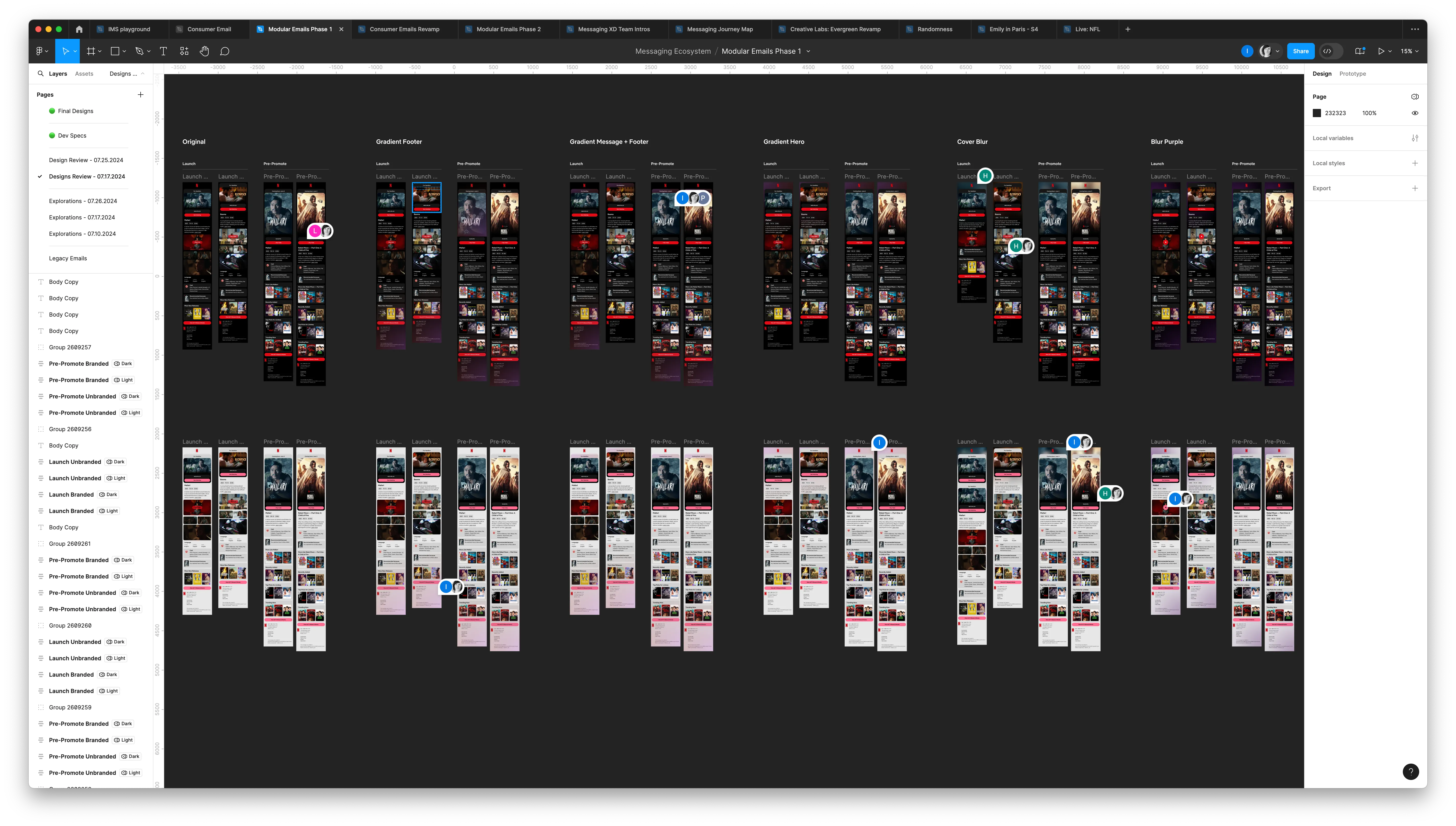 Figma exploration board comparing gradient placement and blurred artwork treatments across light and dark email layouts.