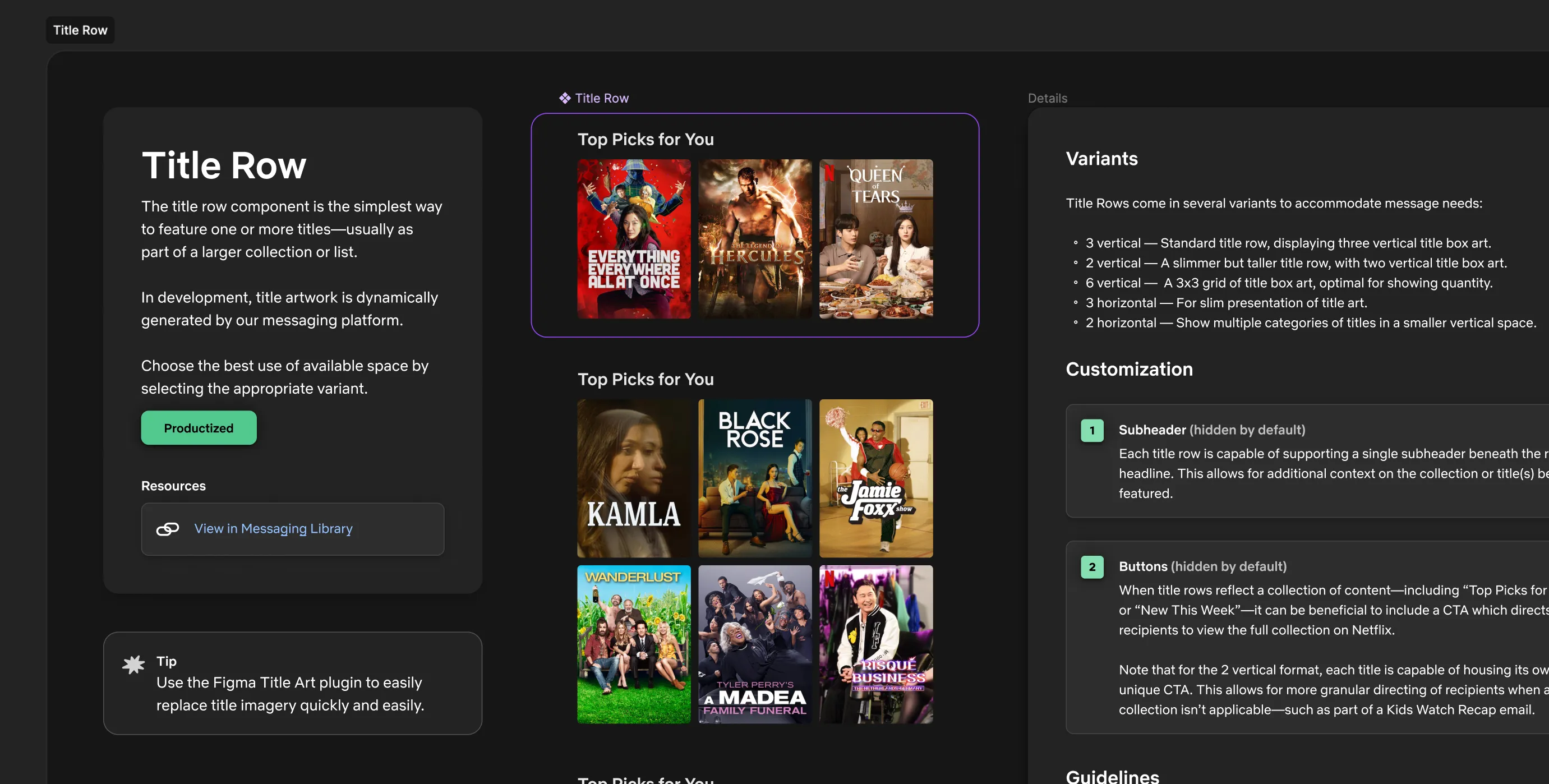 Title Row component documentation in Figma, with artwork arrangements, variants, and customization guidance.