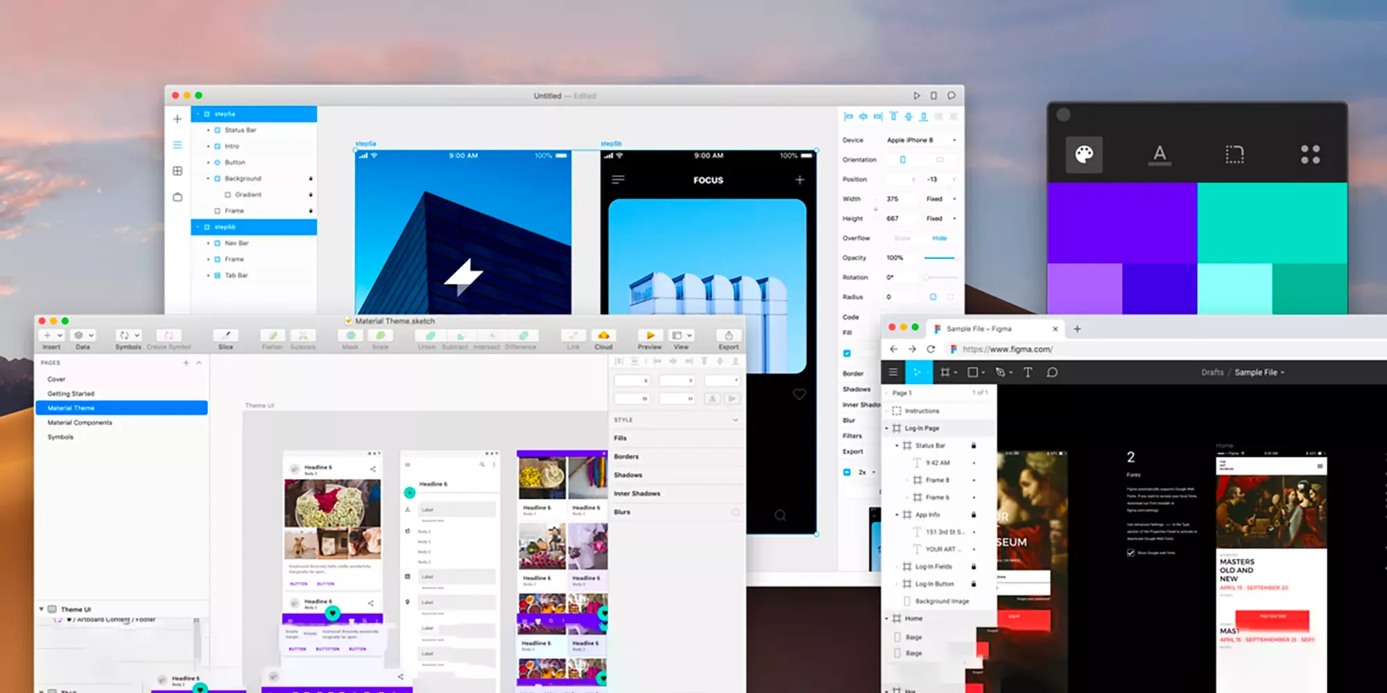 Sketch, Framer, and Figma windows overlapping on a desktop.